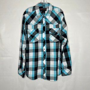 NORTHPOINT Men’s Shirt 2XL Western Pearl Snap Turquoise Black Plaid Rockabilly